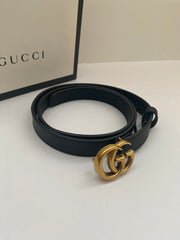 Gucci Slim Black GG Marmont Leather Belt With AntIque Gold Hardware (RRP £320)