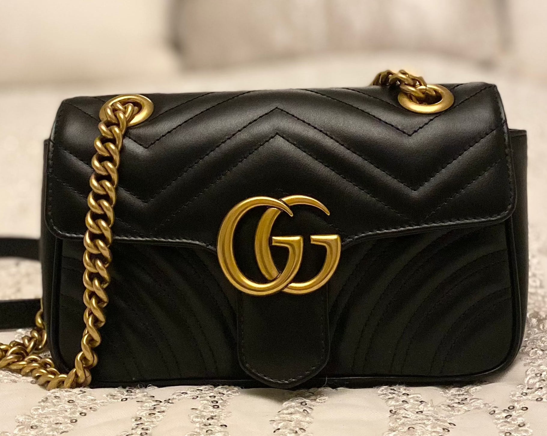 Gucci Black Marmont Mini In Chevron Leather (RRP £1700)