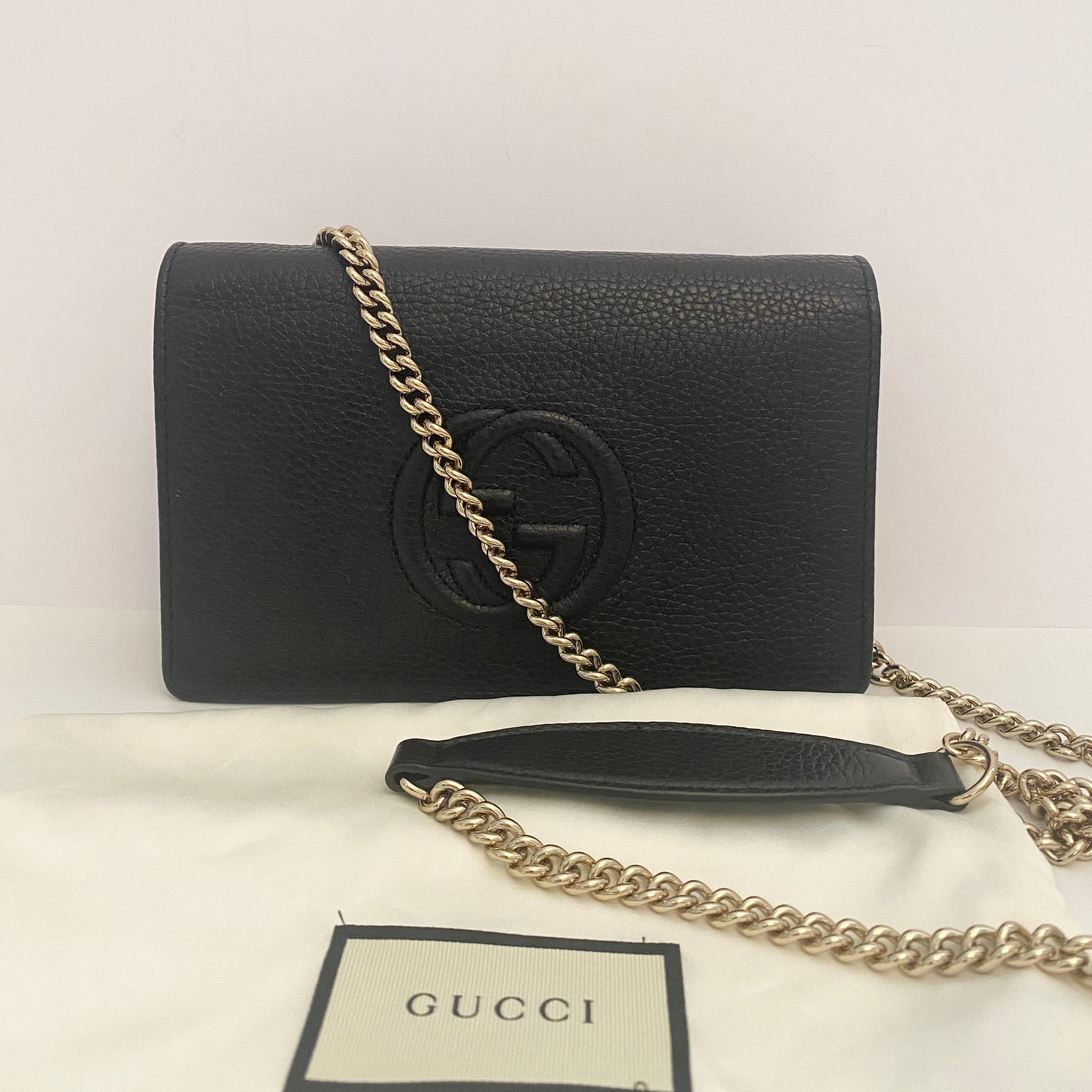 Gucci Black Pebbled Leather Soho Chain Wallet