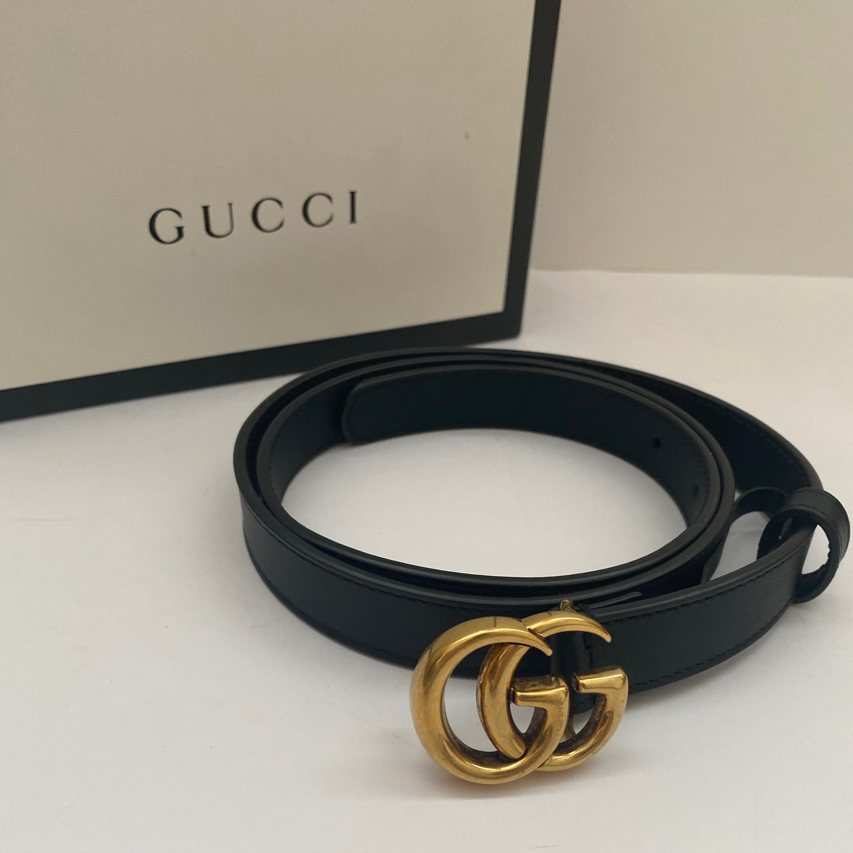 Gucci Slim Black GG  Marmont Leather Belt With AntIque Gold Hardware (RRP £320)