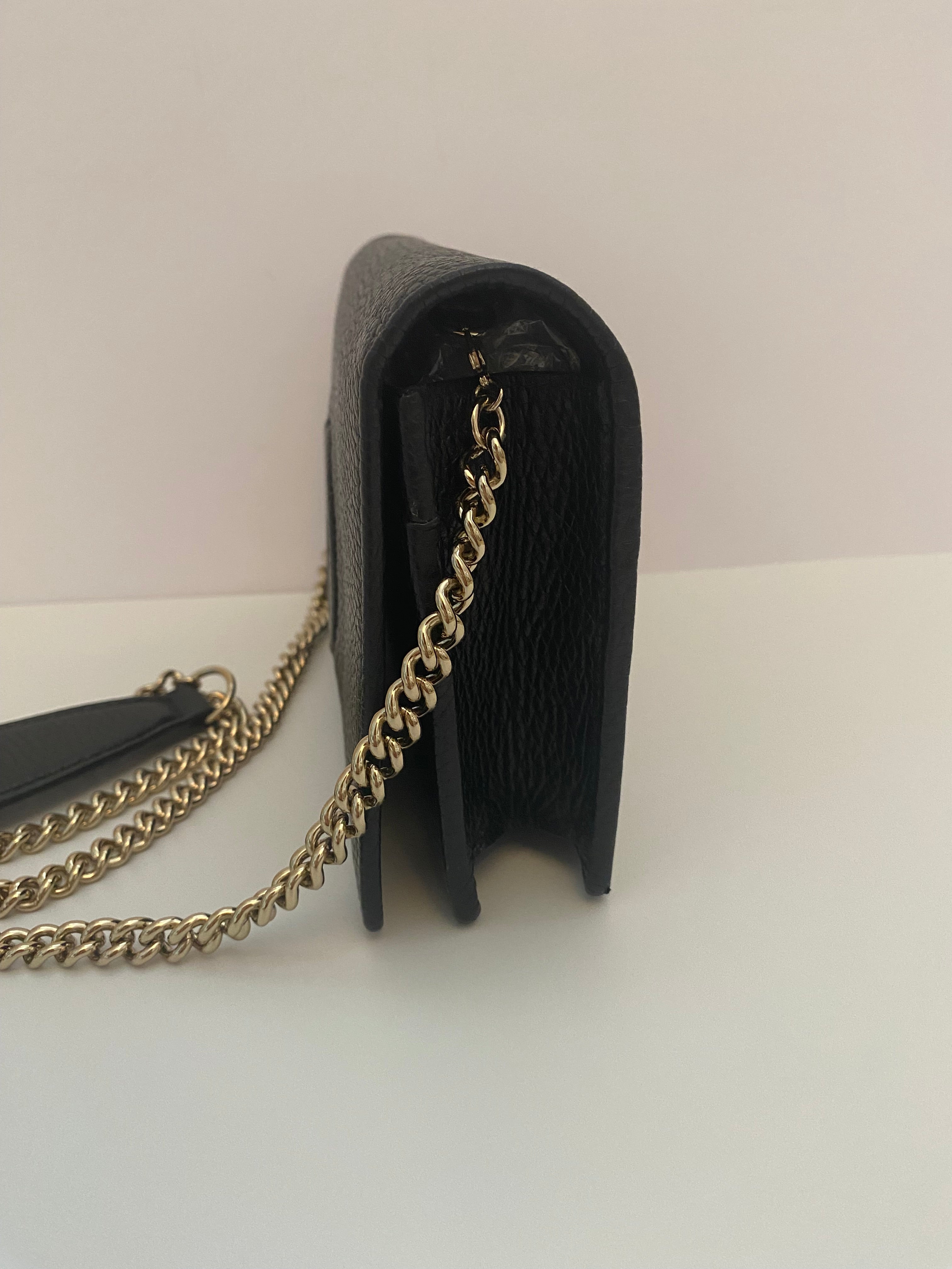 Gucci Black Pebbled Leather Soho Chain Wallet